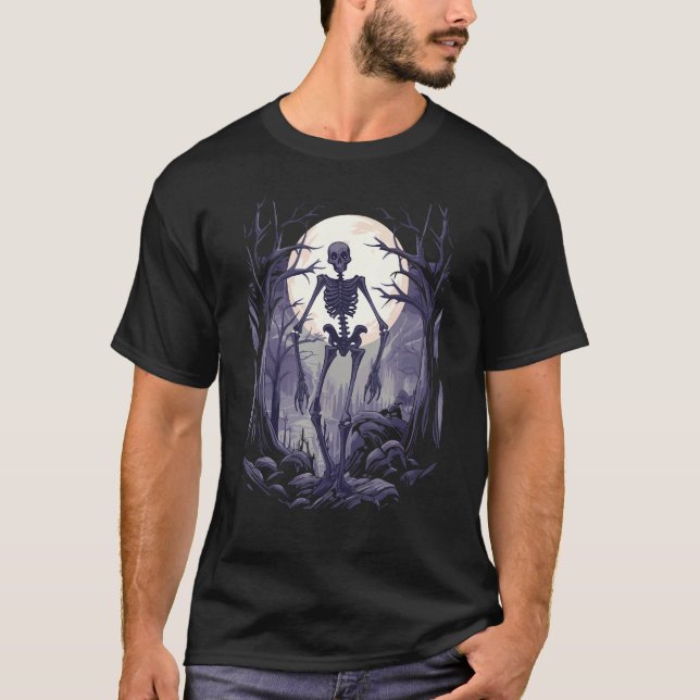 T-shirt Skeleton Éffrayant Haunted Forest Pleine lune goth (Devant)