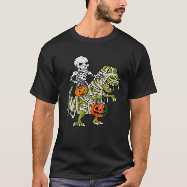 T-shirt Skeleton équitation maman Dinosaur T rex Halloween (Devant)