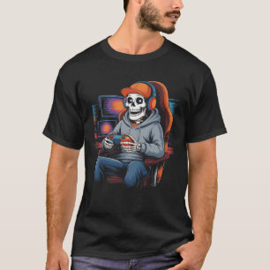 T-shirt Skeleton Gamer Jouer Des Jeux Vidéos Dans Une Chai