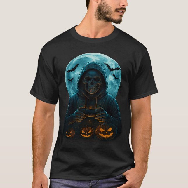 T-shirt Skeleton Halloween Skull Gamer Spooky Pumpkin game (Devant)