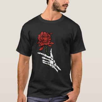 T-shirt Skeleton Hand Holding A Red Rose