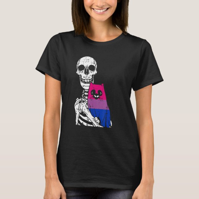 T-shirt Skeleton Holding A Cat Bisexual LGBT-Q Pride Rainb (Devant)