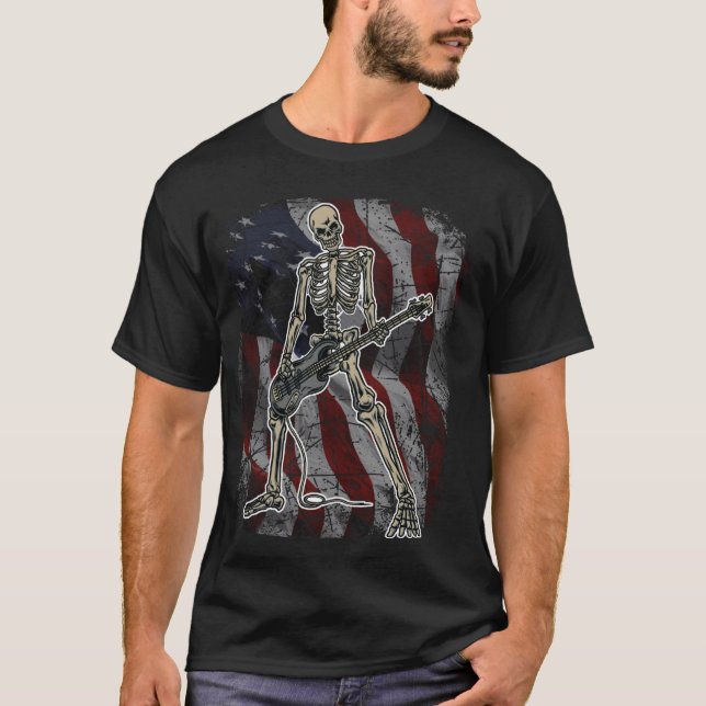 T-shirt Skeleton Jouer basse pour Bassins et Basse de Guit (Devant)