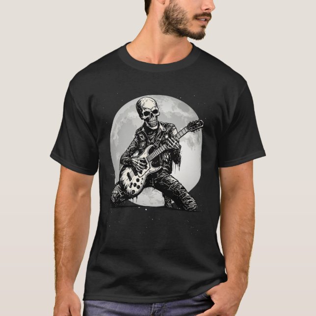 T-shirt Skeleton Jouer Guitare Punk Rock Musique Halloween (Devant)