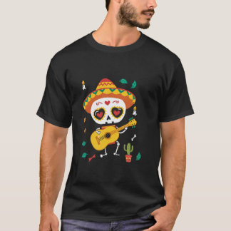 T-shirt Skeleton Mariachi Musicien Sugar Skull Cactus Day