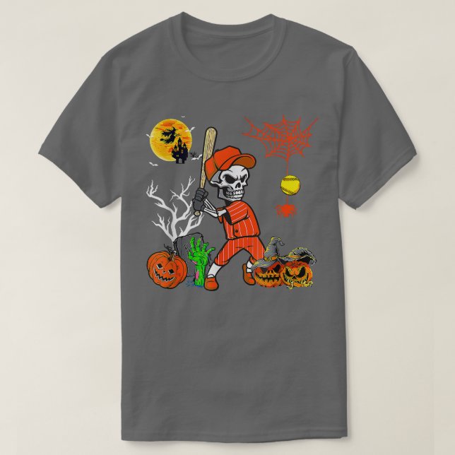 T-shirt Skeleton Playing Softball Pumpkin Player Lover Hal (Design devant)