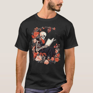 T-shirt Skeleton Reading Book Lover Floral Flowers Bookish