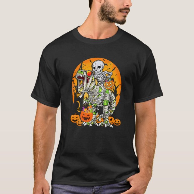 T-shirt Skeleton Riding Mummy Dinosaur rex Halloween  Pump (Devant)