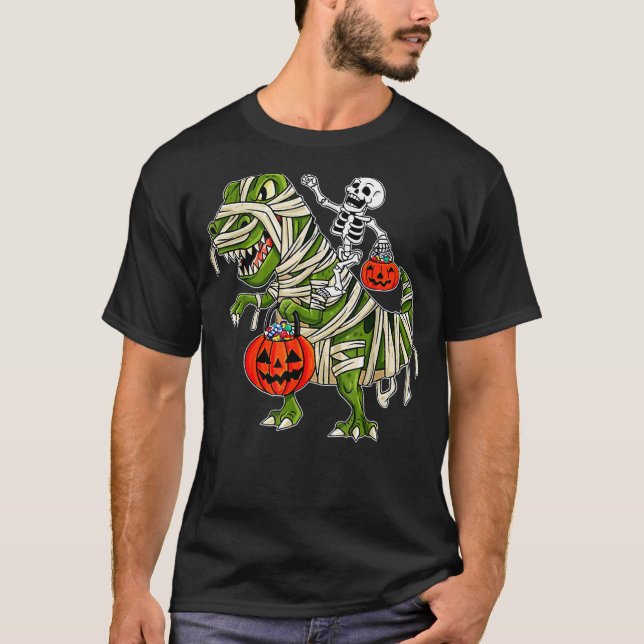 T-shirt Skeleton Riding Mummy Dinosaur rex Halloween  Pump (Devant)