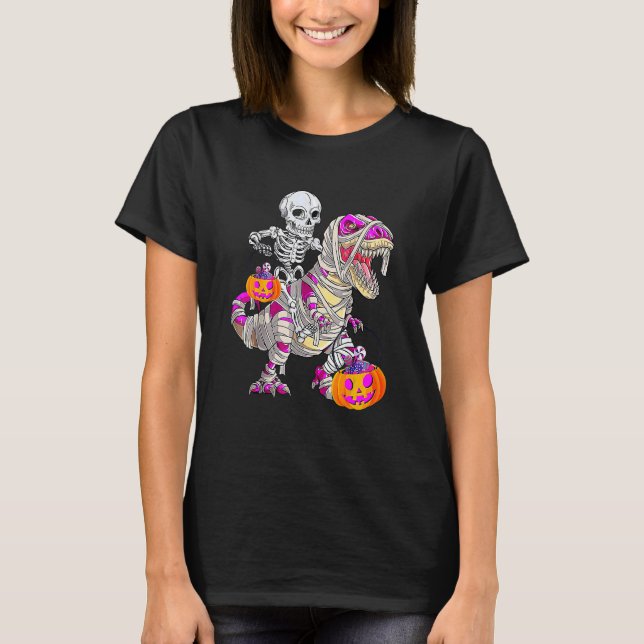 T-shirt Skeleton Riding Mummy Dinosaur Rex Halloween  Pump (Devant)