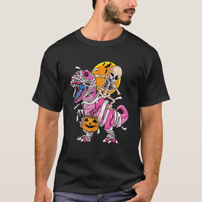 T-shirt Skeleton Riding Mummy Dinosaur rex Halloween  Pump (Devant)
