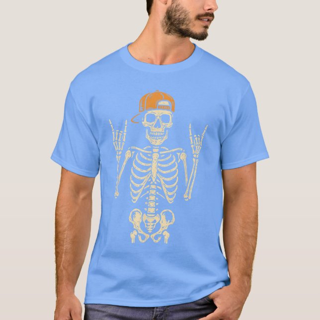 T-shirt Skeleton Rocker Rock On Hand Sign Punk Rock Roll H (Devant)