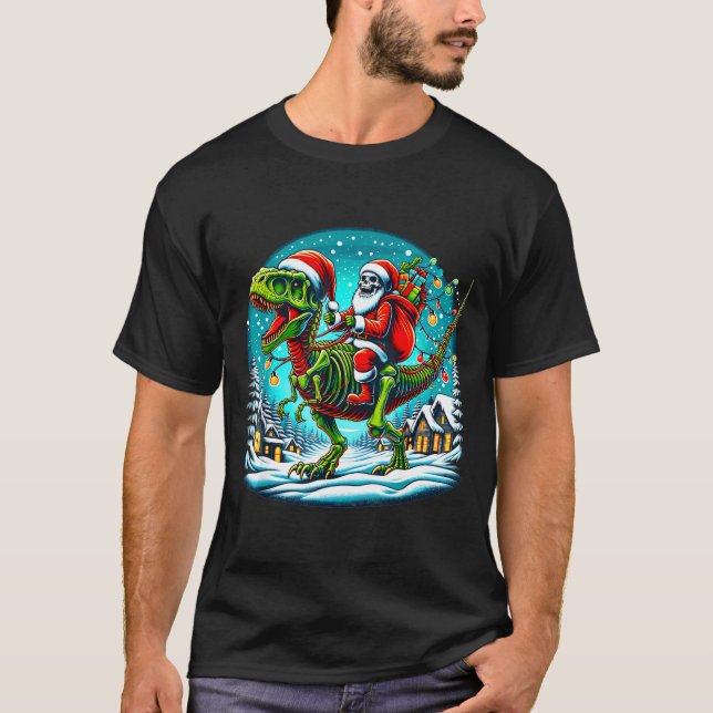 T-shirt Skeleton Santa Riding T Rex Dinosaur Funny Christm (Devant)