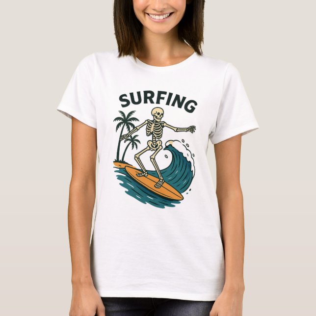 T-shirt Skeleton Surfing Retro Beach Wave Design (Devant)