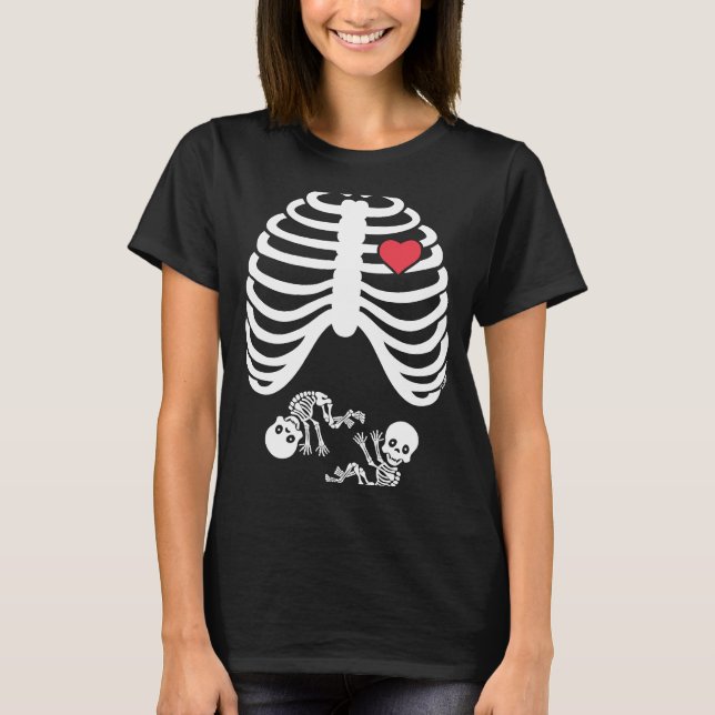 T-shirt Skeleton Twin Pregancy Halloween (Devant)