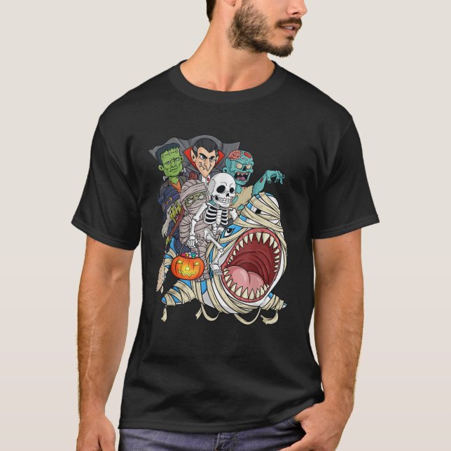 T-shirt Skeleton Zombie Riding Mummy Shark Vampire Hallowe (Devant)