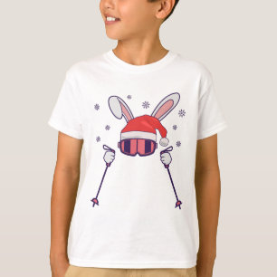 T-shirt Ski Père Noël Rabbit avec Santa Hat et bâtons de s