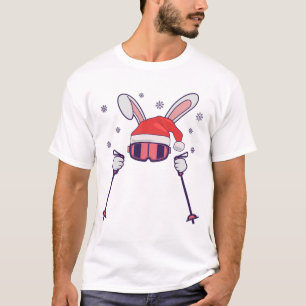 T-shirt Ski Père Noël Rabbit avec Santa Hat et bâtons de s