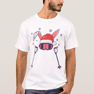 T-shirt Ski Père Noël Rabbit avec Santa Hat et bâtons de s