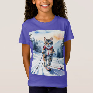 T-Shirt Skier cool Chat Kitten Fun Aquarelle