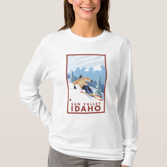 T-shirt Skieur de neige de Downhhill - Sun Valley, Idaho (Devant)