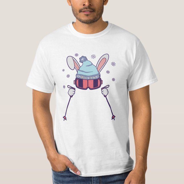T-shirt Skiing Rabbit with ski poles ski goggles ski cap (Devant)