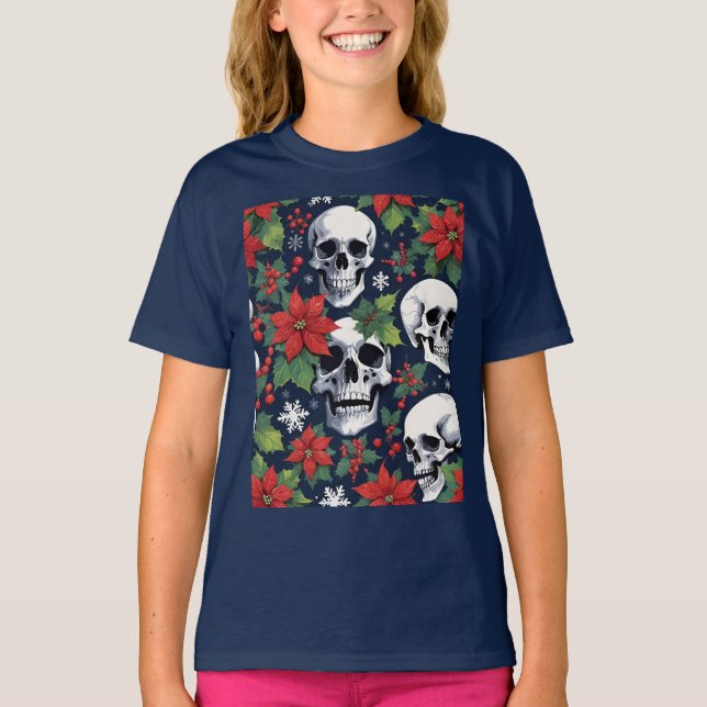 T-shirt Skull Christmas With Poinsettias & Snowflakes (Devant)