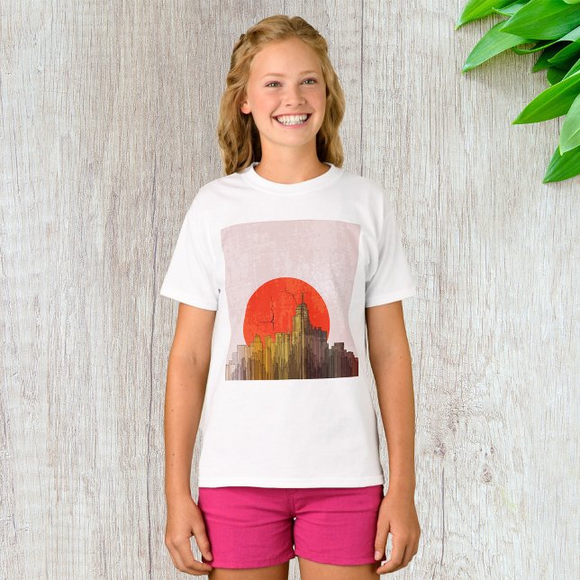 T-shirt Skyline urbain avec Red Sun Grunge Cityscape (Créateur téléchargé)