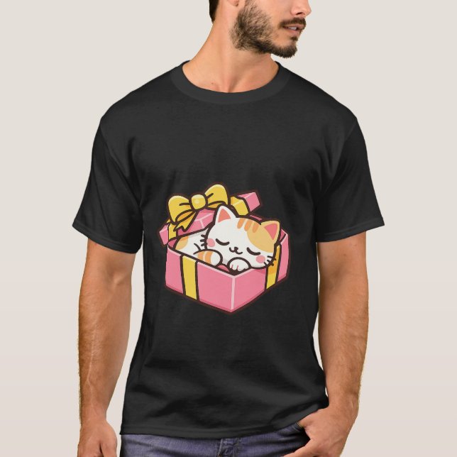 T-shirt Sleeping Kawaii Ginger Cat in Pink Gift Box ✨🎁 (Devant)