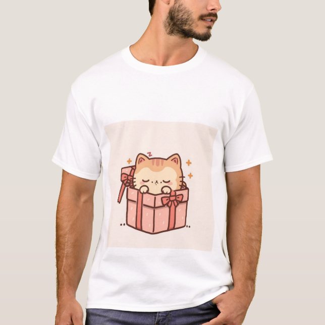 T-shirt Sleepy Kawaii Ginger Cat in Pink Gift Box ✨💤 (Devant)