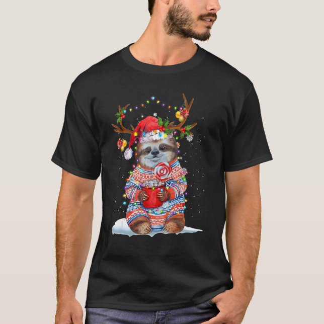 T-shirt Sloth Reindeer Santa Hat Xmas Lights Christmas Xma (Devant)
