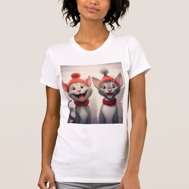 T-shirt Smiling Cartoon Cats With Red Hats And Collars (Devant)