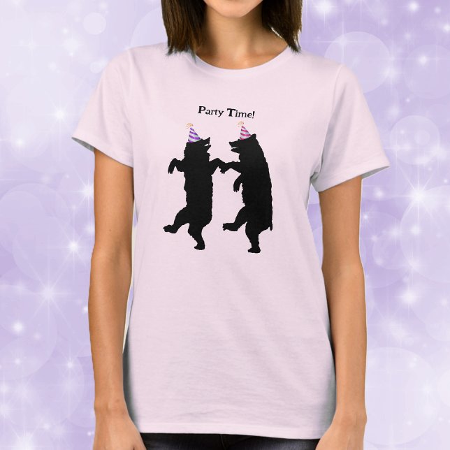 T-shirt Smiling Party Time black Bears Dancing Striped Hat (Two dancing black bears in striped party hats on womans tee shirt.)
