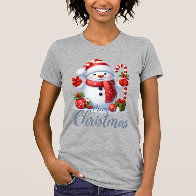 T-shirt Smiling Snowman With Candy Cane Christmas Tee (Devant)