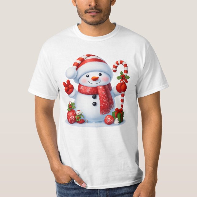 T-shirt Smiling Snowman With Candy Cane Christmas Tee (Devant)