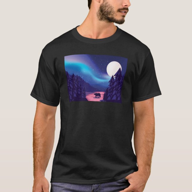 T-shirt Snow Scene Polar Bear Silhouette w Moon and Aurora (Devant)