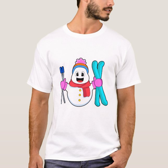 T-shirt Snowman comme skieur avec ski (Devant)