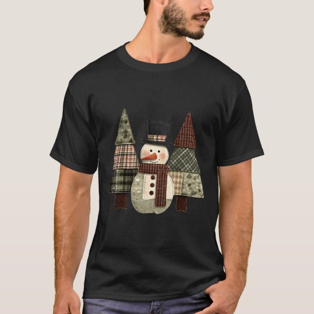 T-shirt Snowman Trees Patchwork Plaid Trees Rustic Christm (Devant)