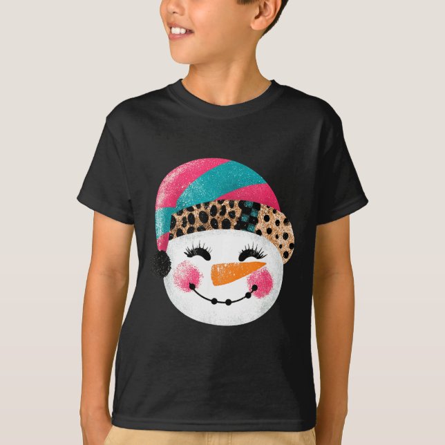 T-shirt Snowman With Santa Hat And Leopard Pattern  (Devant)