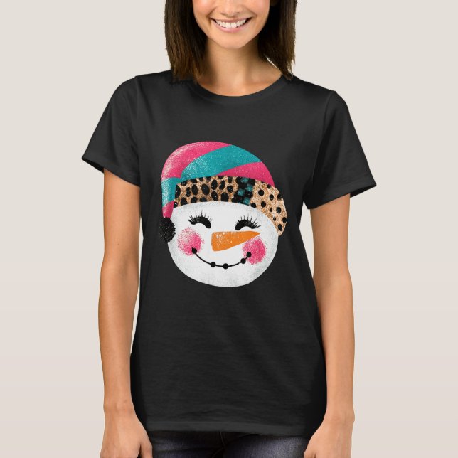 T-shirt Snowman With Santa Hat And Leopard Pattern  (Devant)