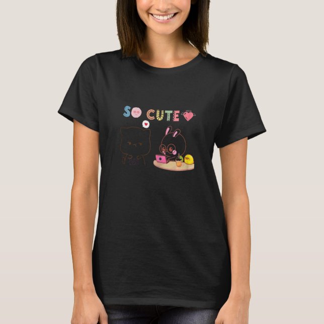 T-shirt So cute and   kitty and rabbit in love (Devant)