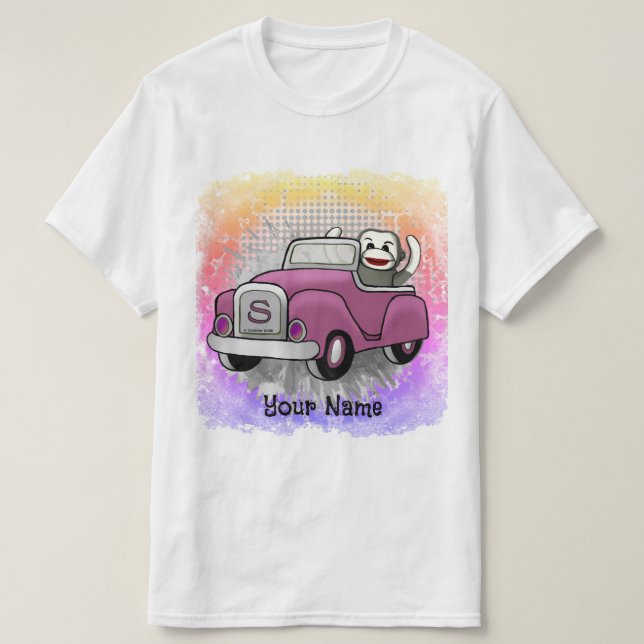 T-shirt Sock Monkey Driving Car (Design devant)