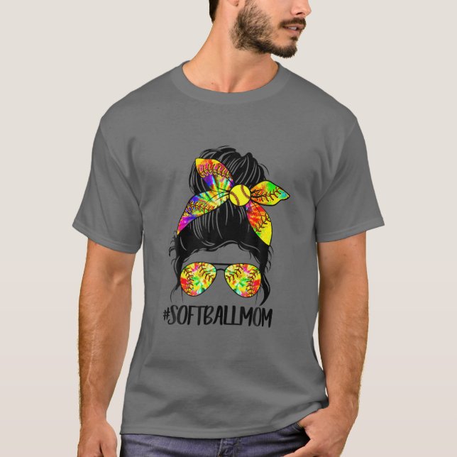 T-shirt Softball Baseball Maman Vie Tie Dye Messy Bun Moth (Devant)