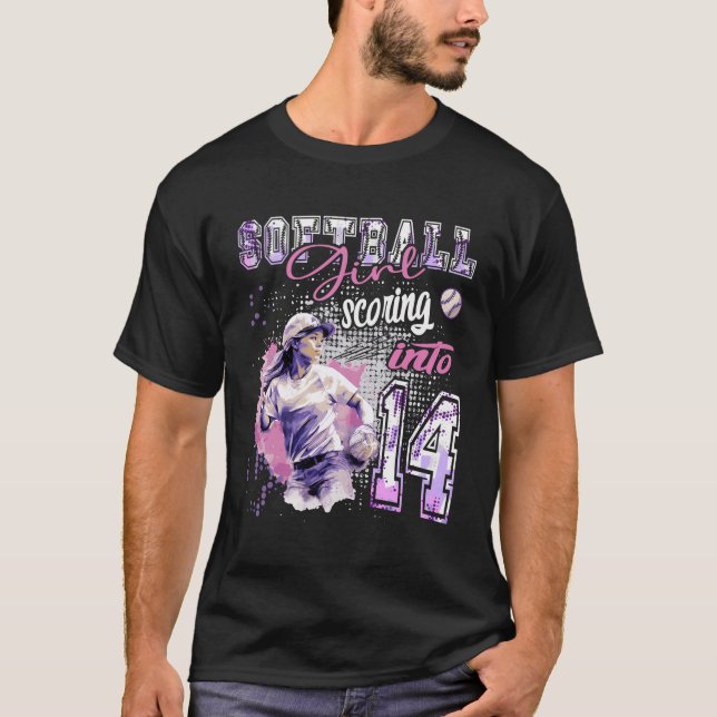 T-shirt Softball Girl Scoring Into 14 - Dames Anniversaire (Devant)