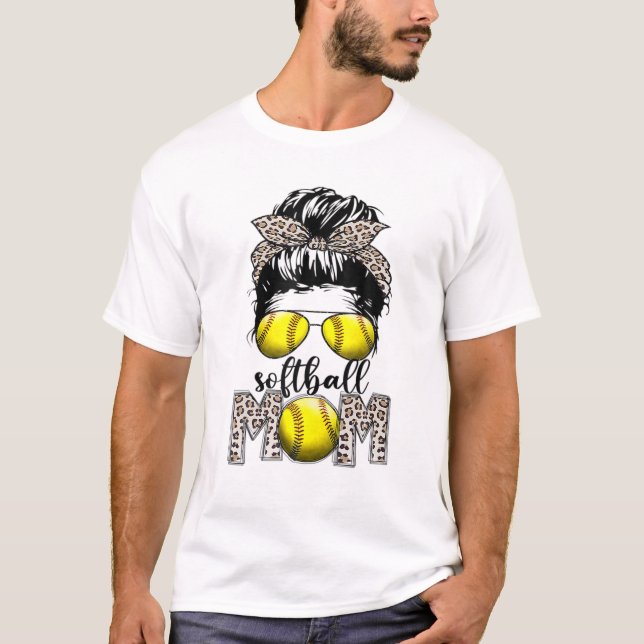 T-shirt Softball Maman Mother's Day Leopard Messy Bun (Devant)