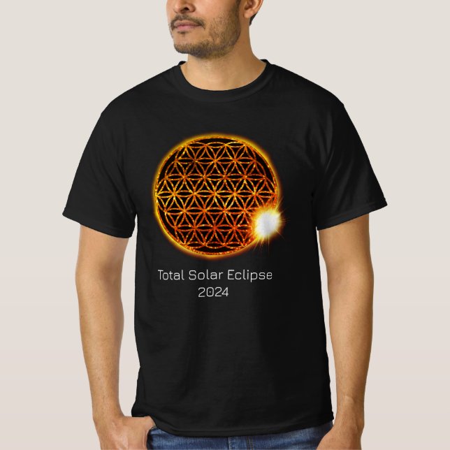 T-shirt Solar Eclipse 2024 Gold Sparkling Flower of Life (Devant)