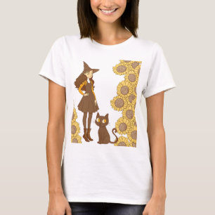 T-shirt « Sorcière d'Halloween et chat aux tournesols »