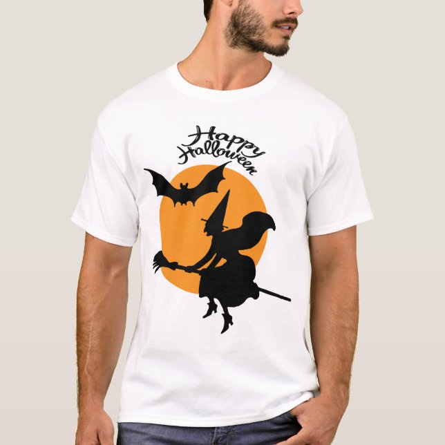 T-shirt sorcière d'Halloween sur bâton de brosse avec chau (Devant)