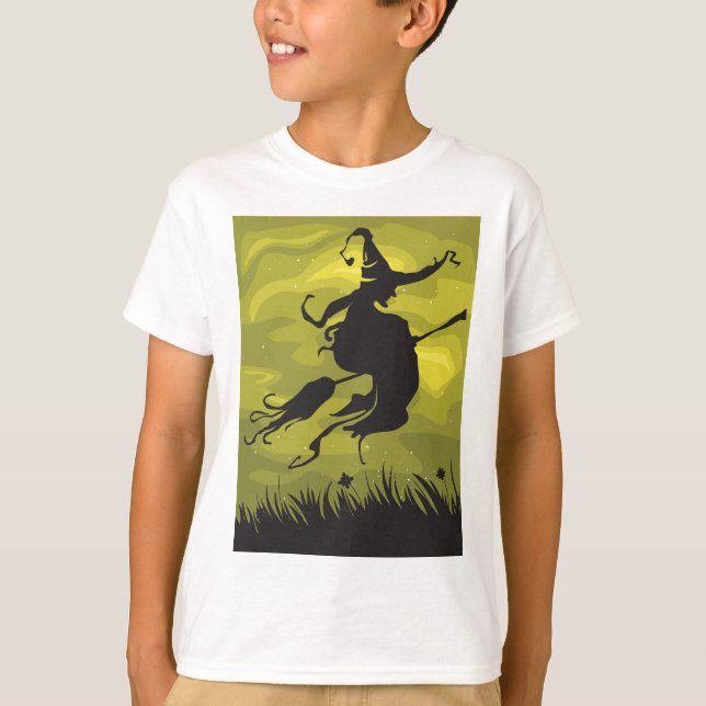 T-shirt Sorcière effrayante d'Halloween volant sur un bala (Devant)