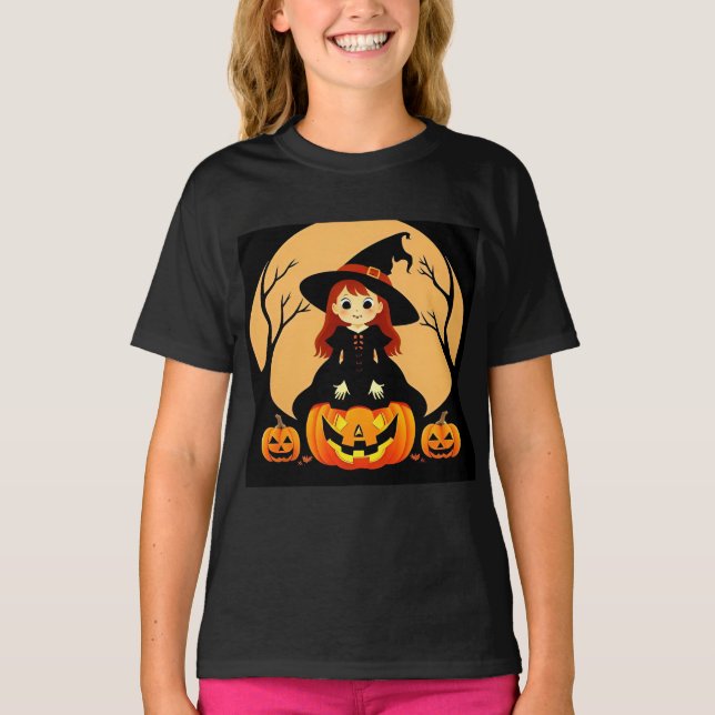 T-shirt Sorcière en cadre d'Halloween avec Citrouille (Devant)